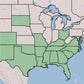 A map of the United States showing several states highlighted in light green, with the rest of the country in pale beige and blue water.