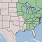 A map of the United States showing highlighted states in green, likely indicating a region or coverage area, with surrounding blue water and pale land tones.