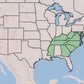 A map of the United States highlighting the Southern Plains and South Atlantic region in light green, with state borders and blue water visible.
