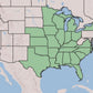 A map of the United States showing a highlighted green region across the central and southern Midwest, with surrounding states in light gray and blue water.
