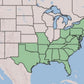 A map of the United States showing the Southern and Mid-Atlantic regions highlighted in light green, with the rest of the country in pale beige and blue water.