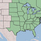 A map of the United States showing the contiguous 48 states, with the western half shaded in light beige and the eastern half shaded in light green, on a pale blue ocean background.