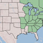 A map of the United States showing a highlighted region in the eastern half, likely indicating a product's coverage area or shipping range.