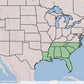Map of the US showing the native range of oakleaf hydrangea (Southeastern US states highlighted)