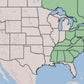 A map of the United States showing the southeastern and mid-Atlantic states highlighted in light green, with the rest of the country in a pale beige tone and blue water surrounding it.