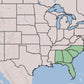A simplified map of the United States highlighting the southeastern states in light green, with the rest of the country in pale beige and blue water.