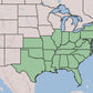 A map of the United States showing the Southern Plains and South Atlantic regions highlighted in light green, with the rest of the map in pale beige and blue water.