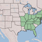 A map of the United States highlighting the Southern and Mid-Atlantic states in light green, with the rest of the country in beige and water areas in blue.
