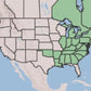 A map of North America highlighting the eastern United States in light green, likely indicating a product's distribution or range.