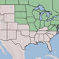 A map of the United States showing a green shaded region across northern and midwestern states, with blue water bodies and beige state outlines.