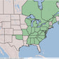 Map of US showing states in Eastern US shaded in