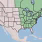 A map of North America showing the United States and Mexico, with the eastern half highlighted in light green and the western half in pale beige, on a light blue ocean background.