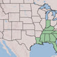 A map of the United States highlighting the Southern United States in light green, with state boundaries and outlines visible.