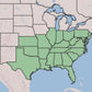 A map of the United States showing the Southern and Mid-Atlantic regions highlighted in light green, with the rest of the country in pale beige and blue water.