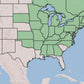 A map of the United States highlighting a large contiguous region in the upper Midwest, Northeast, and South with light green states, on a pale blue ocean background.