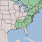 Map of the US showing the native range of shadblow serviceberry - Eastern seaboard  states are shaded in
