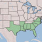 A map of the United States highlighting the Southern Plains and South Atlantic region in light green, with states like Texas, Oklahoma, Kansas, Nebraska, Arkansas, Louisiana, Mississippi, Alabama, Georgia, South Carolina, and Virginia shown.