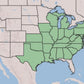 A map of the United States showing a highlighted region in the central and southern states in light green, with surrounding states in beige and blue water.